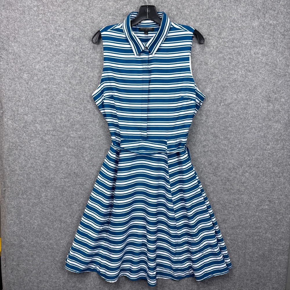 Banana Republic Womens Blue White Striped Sleeveless Shirt Dress Sz 12 Tie Waist
